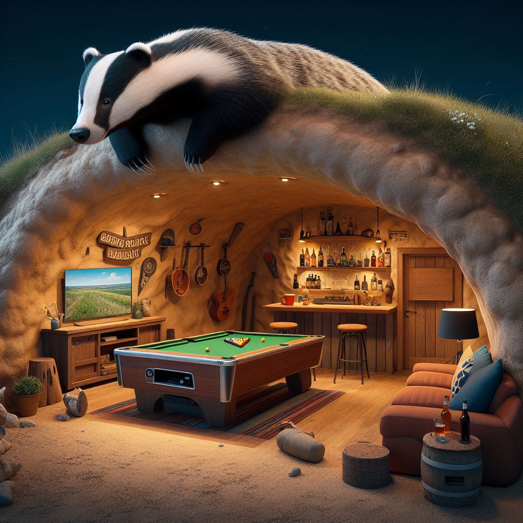 Image looking into a Badger sett with a tv, bar, pool table, etc.